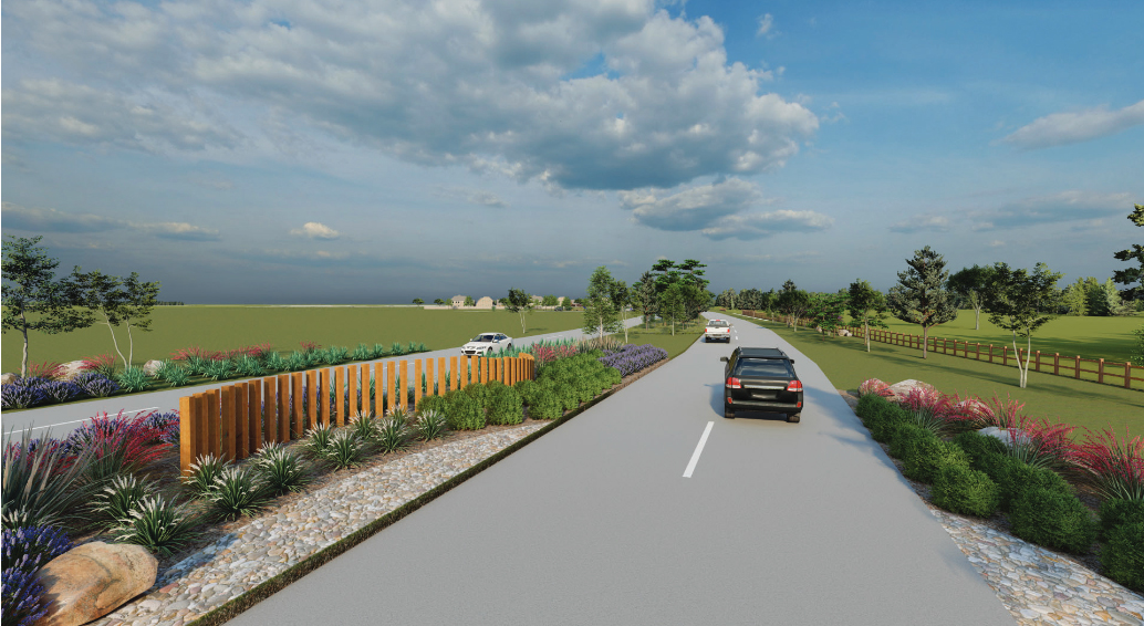 A two-lane road with cars traveling in both directions, bordered by landscaped plants and trees, near new homes in Fort Bend County, under a partly cloudy sky.