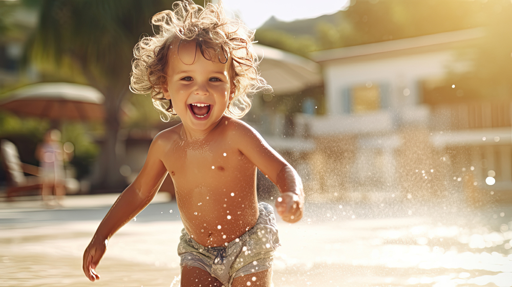 A young child with curly hair, possibly named Emberly, smiles and splashes water while running by a pool on a sunny day. The background shows blurred outdoor furniture and greenery, offering a glimpse into the joys of family life in new homes near Richmond.