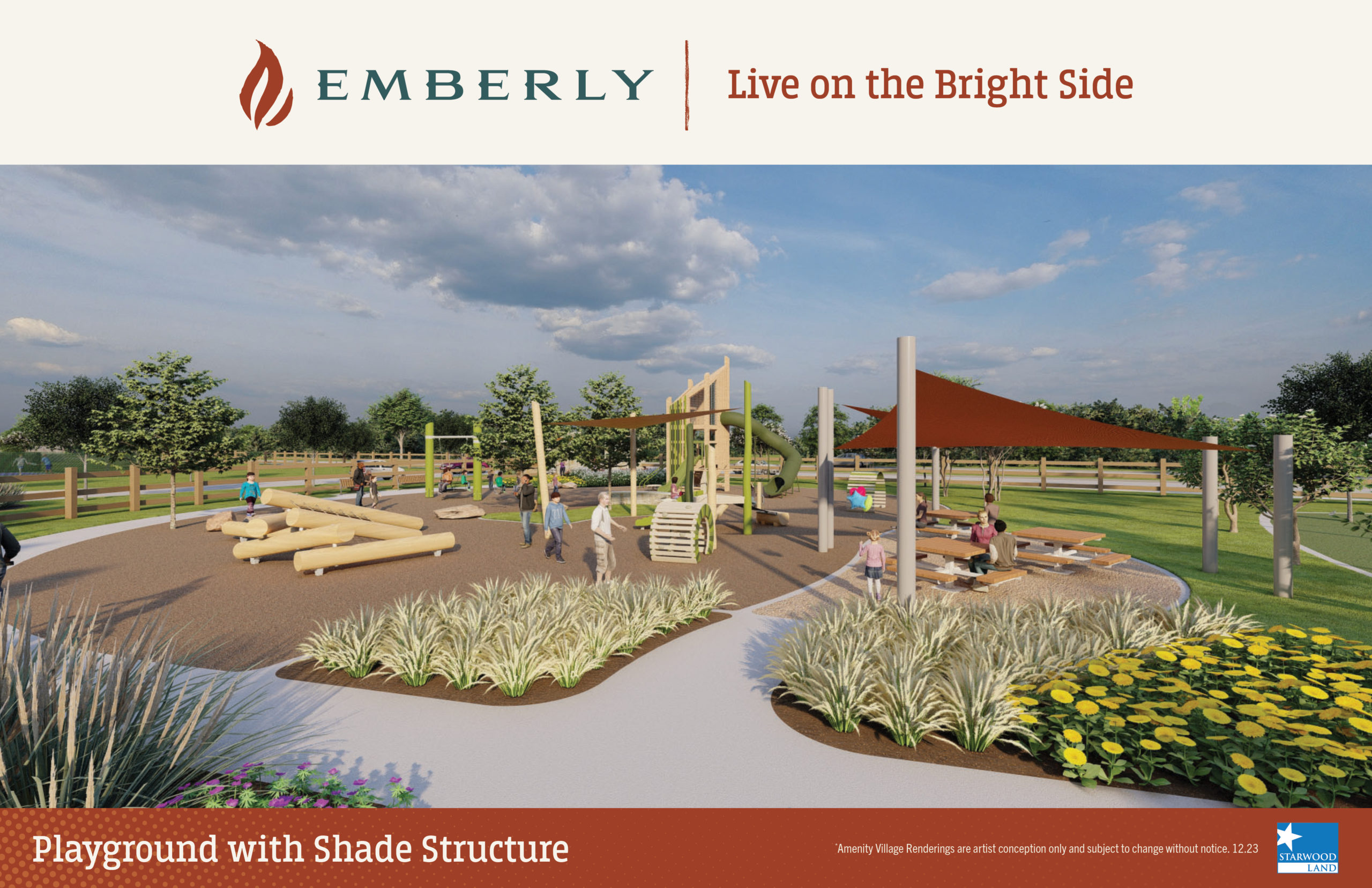 Playground with a shade structure, surrounded by plants and trees in Emberly, a master planned community near Richmond. Children are playing on various equipment, and families are seated at picnic tables. Text reads “EMBERLY - Live on the Bright Side.”