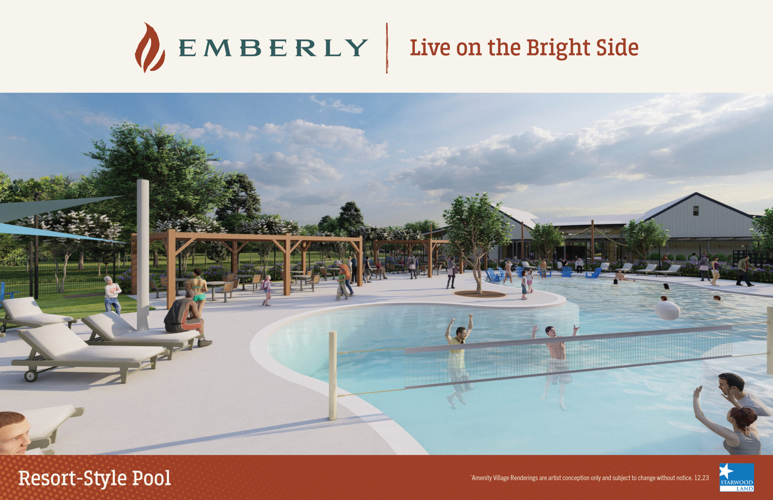 A resort-style pool area with people swimming and lounging near Rosenberg. The scene features lounge chairs, umbrellas, and a volleyball net in the pool. The text "EMBERLY Live on the Bright Side" is visible at the top.