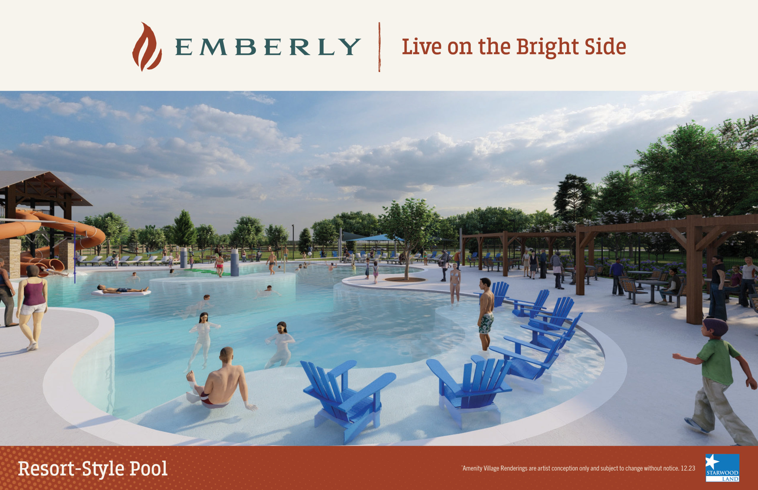 A resort-style pool area with people swimming and lounging. The surroundings include trees and a partly cloudy sky. The text reads "EMBERLY - Live on the Bright Side" and "Resort-Style Pool near Richmond with new homes.