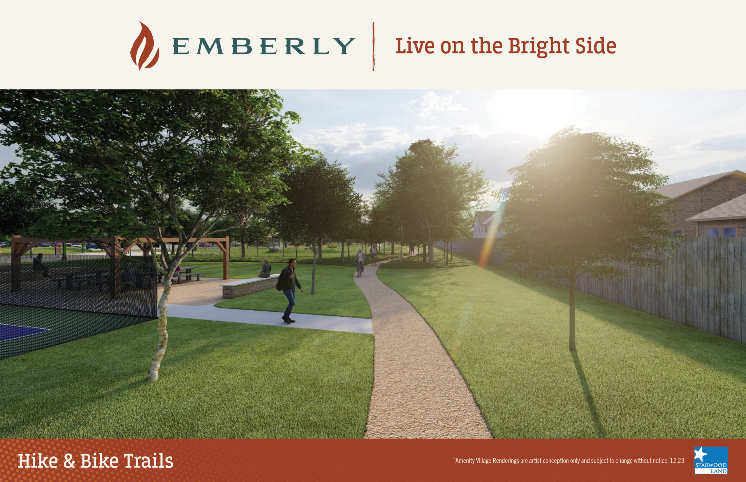 A scenic view of a landscaped community park with winding trails near Richmond. A person walks along the path under the sunlight, with park amenities visible in the background. Banner text reads "Live on the Bright Side" and "Hike & Bike Trails." This is living in a master planned community.