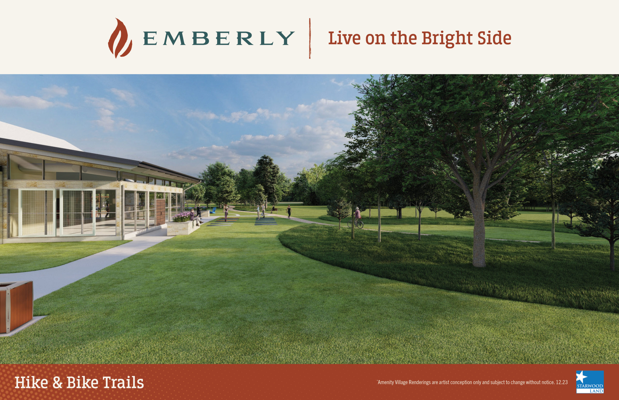 Computer-generated image of a residential area with green lawns, trees, and a clubhouse. Text: "Emberly - Live on the Bright Side," "Hike & Bike Trails," and legal disclaimer at bottom. Discover life