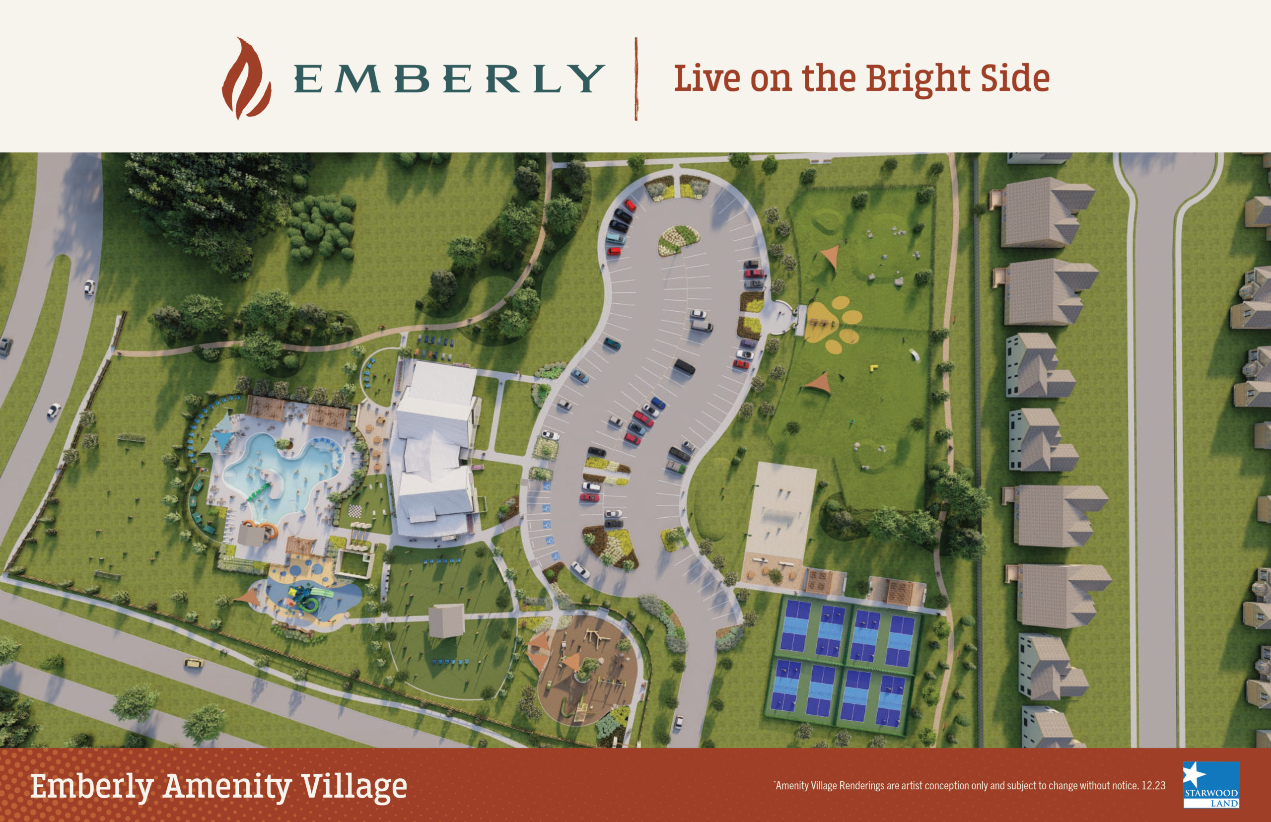 Aerial view of Emberly Amenity Village, a master-planned community, featuring a pool, playground, communal areas, and parking lot. New homes are visible along the perimeter.