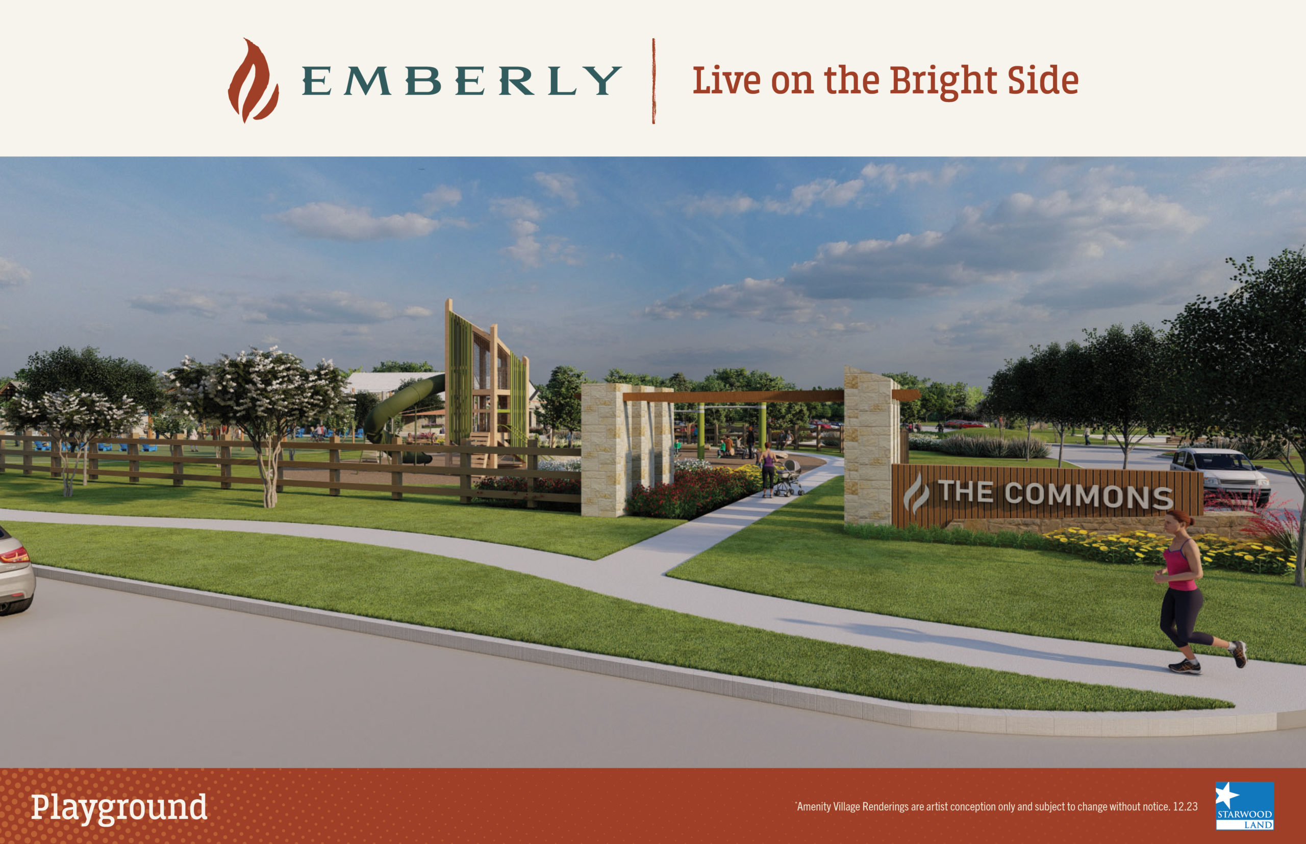 Rendering of the entrance to The Commons at the Emberly master planned community, near Rosenberg, featuring landscaped greenery, a pathway, a playground area, and the slogan "Live on the Bright Side.