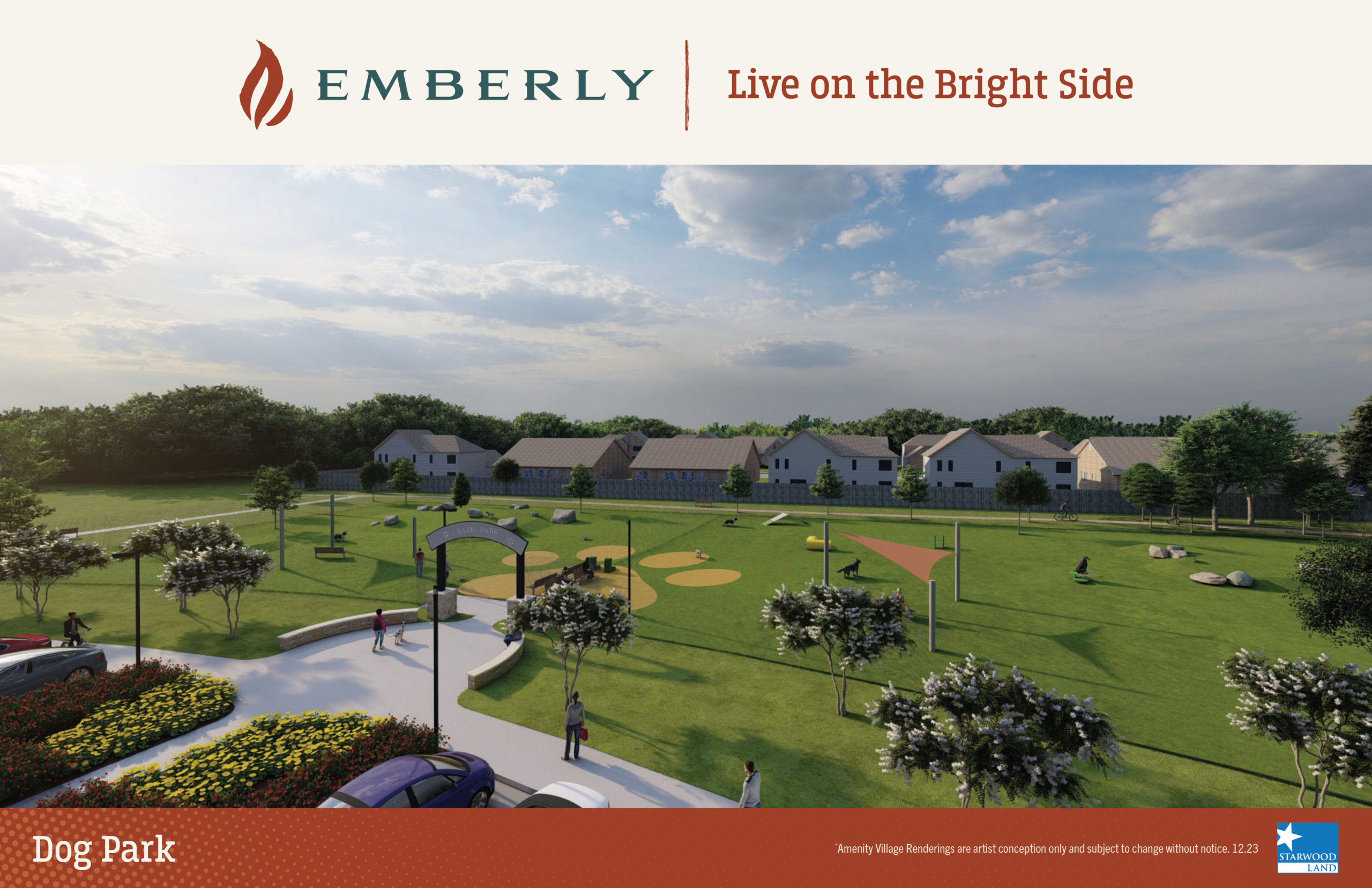 A landscaped dog park with walking paths, play areas, and seated visitors is seen near Rosenberg. A gated entrance and residential homes are in the background. The image includes the "Emberly" logo and the slogan "Live on the Bright Side.