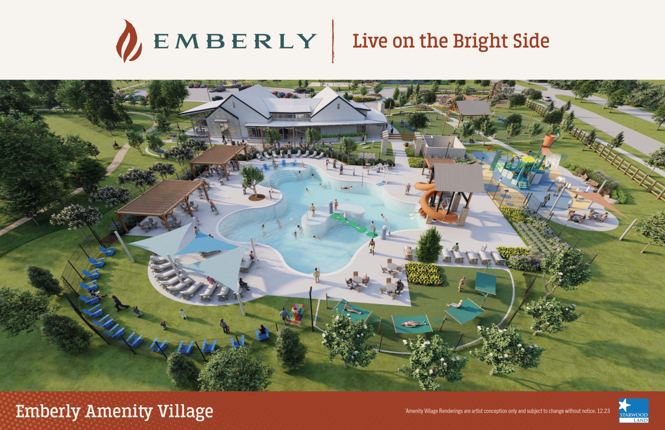 Aerial view of Emberly Amenity Village near Richmond, showing a pool, lounging areas, and recreational spaces surrounded by greenery in a master planned community. Text reads: "Live on the Bright Side" and "Emberly Amenity Village.