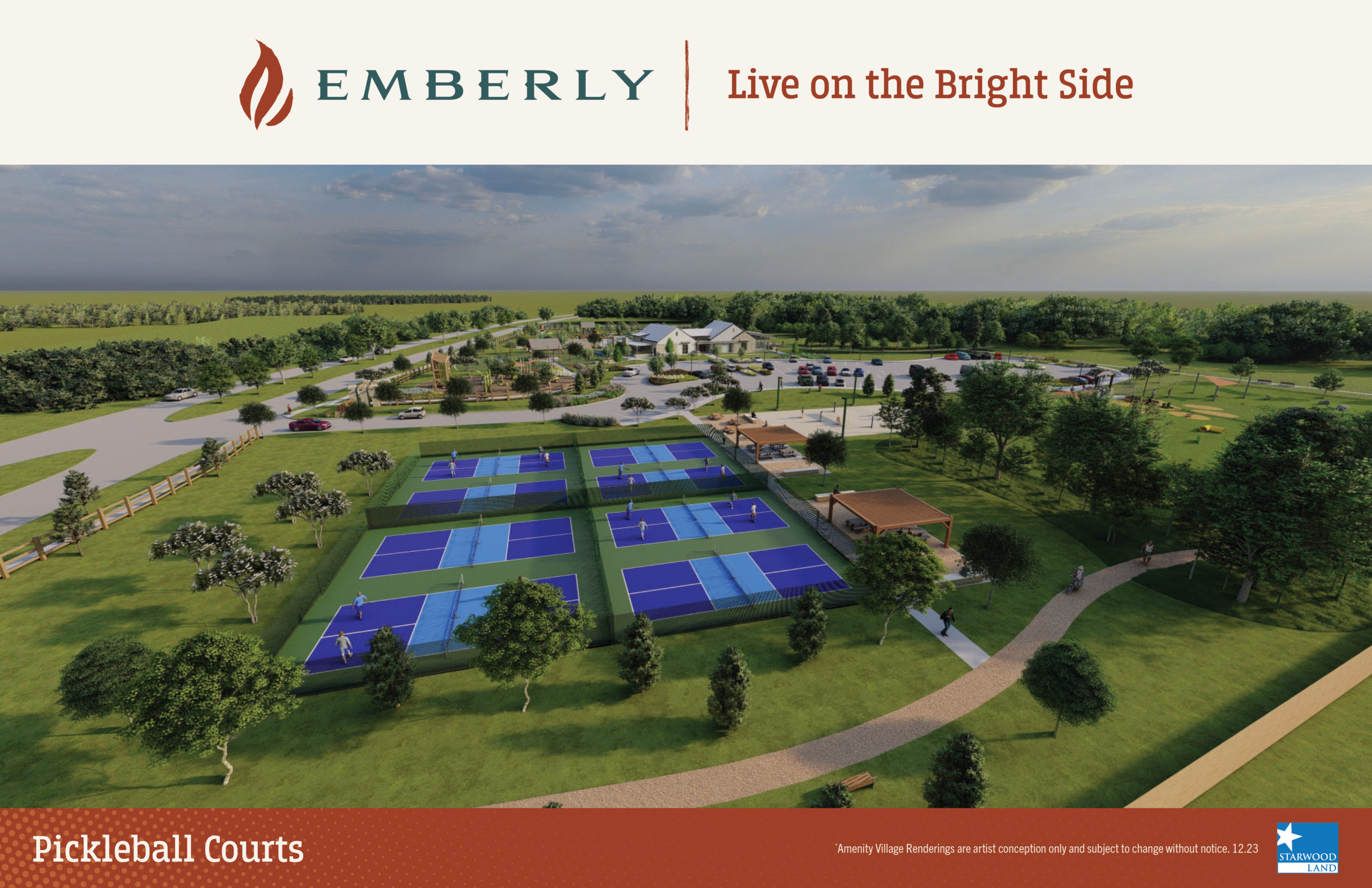 Aerial view of pickleball courts and a community park in the Emberly neighborhood near Rosenberg, with the tagline "Live on the Bright Side" at the top.