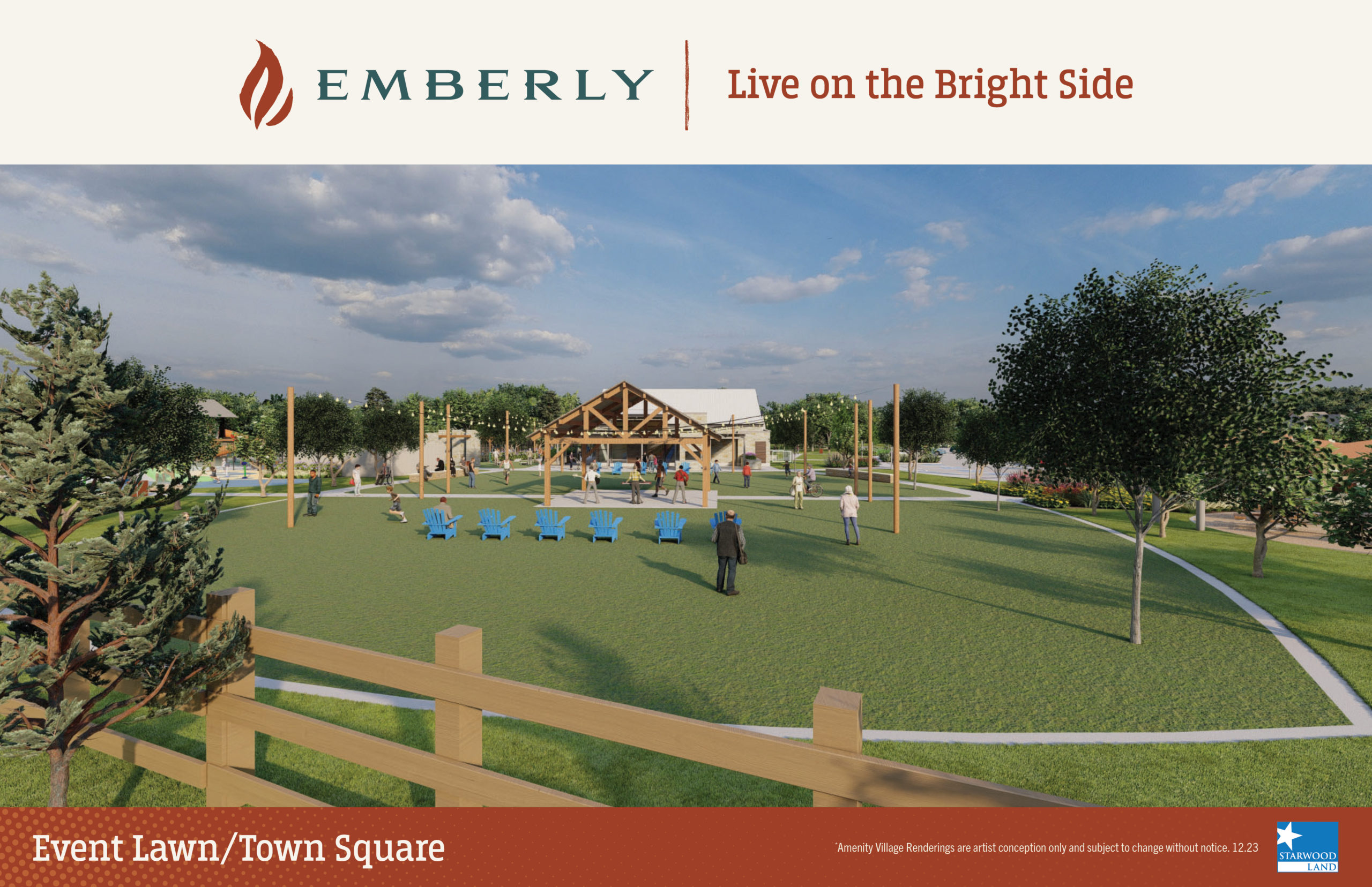 A park near Rosenberg with open green space, trees, a wooden gazebo, people lounging under an "EMBERLY Live on the Bright Side" banner. The master planned community offers a serene setting for all. Text reads "Event Lawn/Town Square" in the bottom corner.