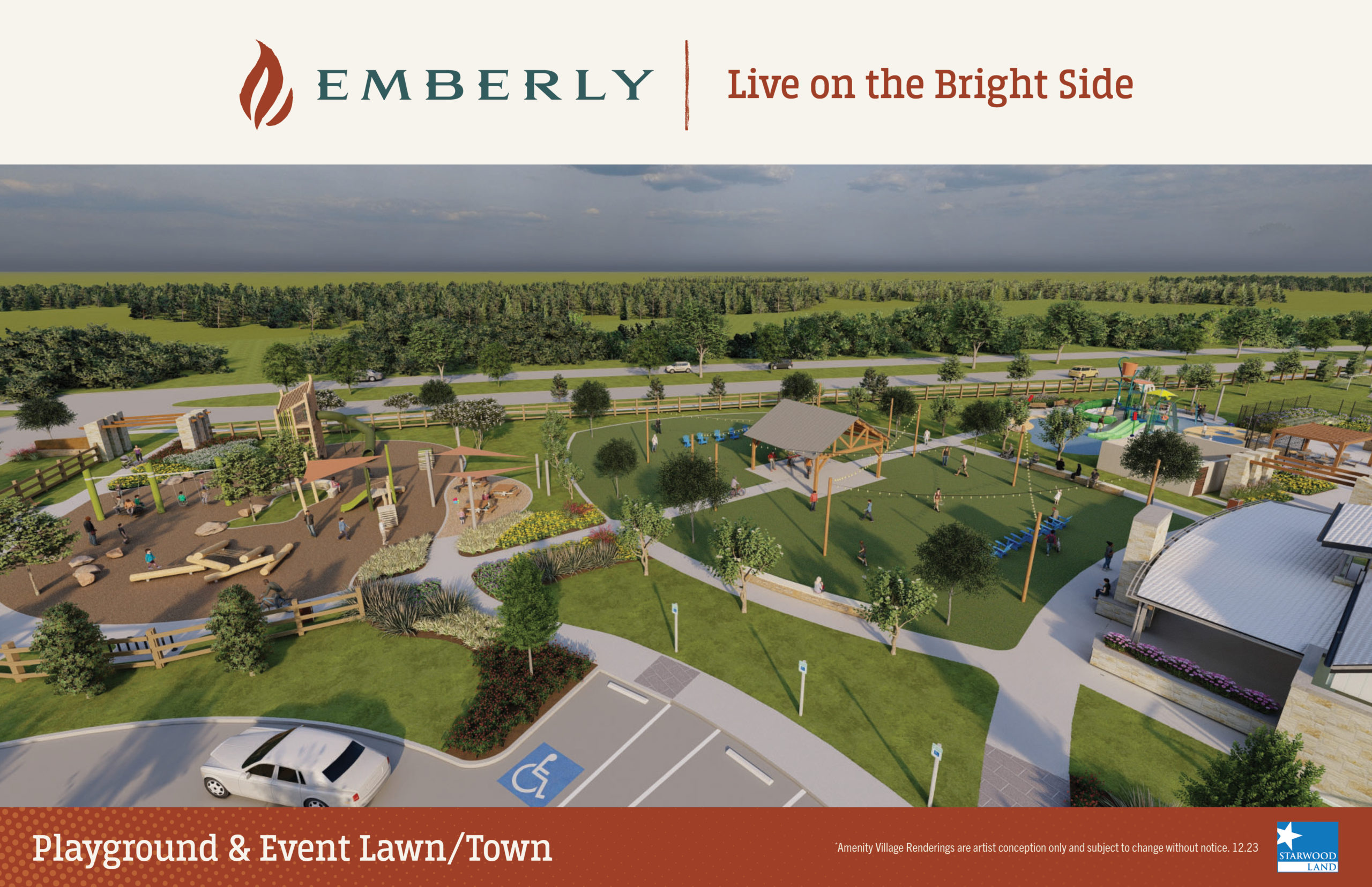 Aerial view of a community playground and event lawn area, surrounded by trees, pathways, and parking spaces in the master planned community of Emberly near Richmond, with "Emberly: Live on the Bright Side" and other text on the image.