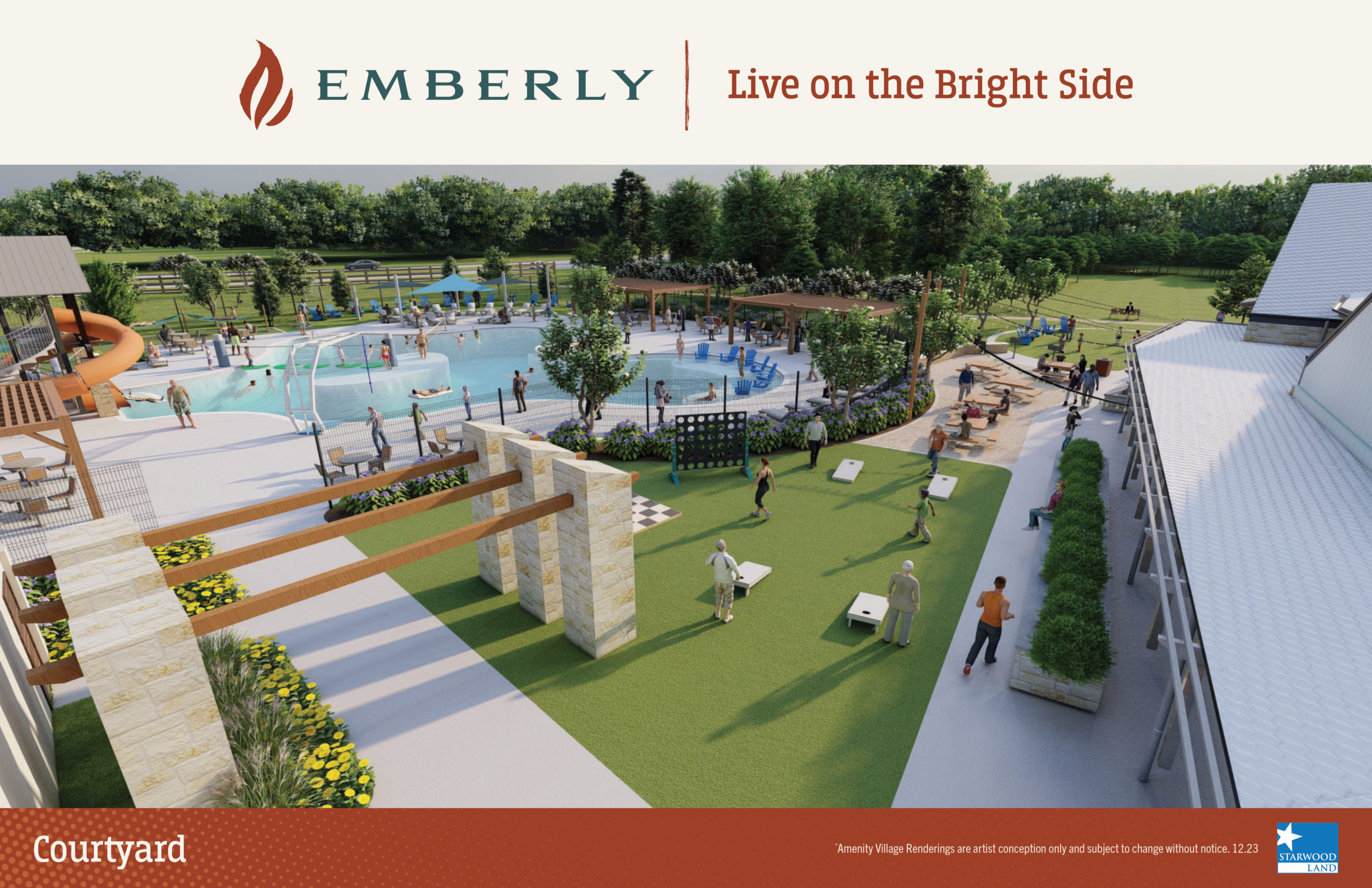 A recreational courtyard with a pool, lawn games, shaded seating areas, and green spaces in a master planned community near Rosenberg. The text "EMBERLY - Live on the Bright Side" is seen at the top.