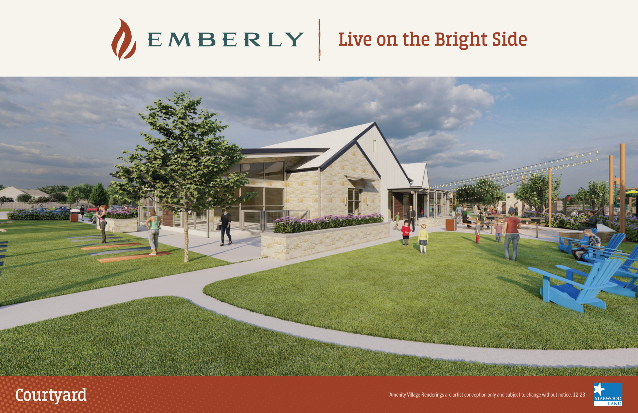 A modern building with large windows and surrounding greenery in a courtyard setting. People are walking and sitting around the area. The text reads "EMBERLY Live on the Bright Side." Located in Fort Bend County, this master planned community is near Rosenberg.