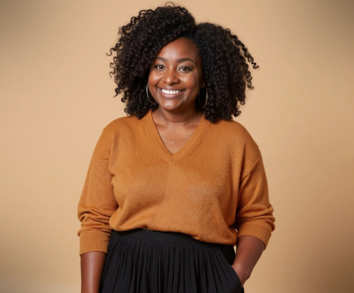 Woman smiling, wearing a brown sweater and black skirt, styled by Emberly Living.